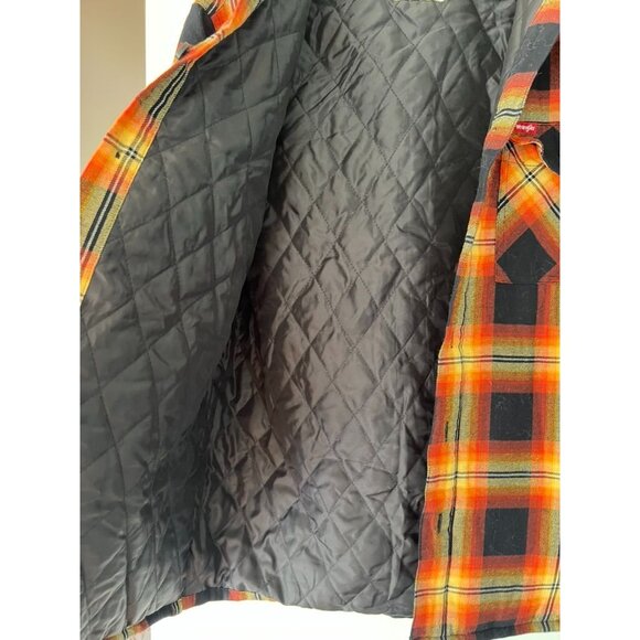 Wrangler Hooded Flannel Jacket Small Plaid Quilted Lined Shacket Orange Black - Picture 6 of 7